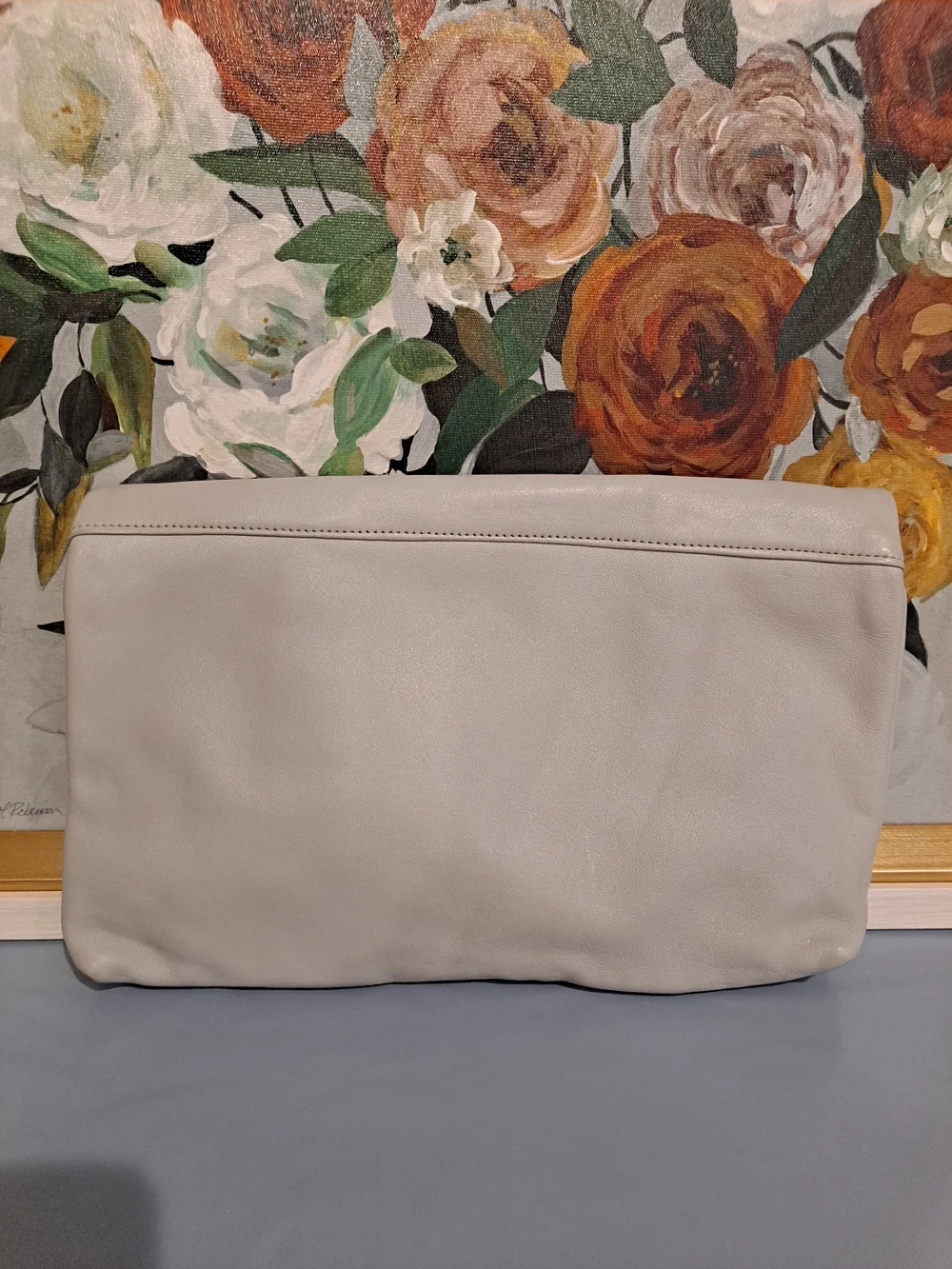 Vintage 80s Fold-Over Luxury Leather Pleated Clutch Light Gray Polished Classic